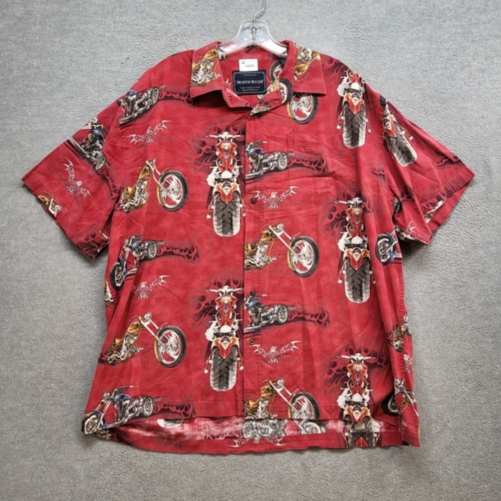 North River Men Button Up Shirt XL Red Motorcycle Allover Print Hawaiian